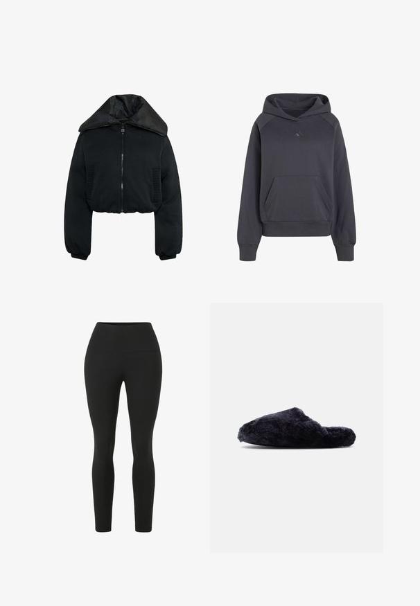 Schwarze kurze Steppjacke mit großer gepolsterter Kapuze, langen Ärmeln, gerippten Bündchen, Frontreißverschluss und Seitentaschen.; Dunkelgrauer Pullover-Hoodie mit Kängurutasche vorne, gerippten Bündchen und kleinem Adidas-Logo mittig auf der Brust.; Schwarze Leggings mit einem hohen Bund. Hergestellt aus dehnbarem Stoff, mit einer glatten Textur und einer anliegenden Silhouette ohne sichtbare Nähte.; Schwarzer, flauschiger Hausschuh zum Hineinschlüpfen mit geschlossener Zehenpartie und offenem Rücken, weiches, strukturiertes Stoffmaterial, seitliche Ansicht vor weißem Hintergrund.