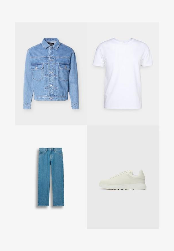 Lyseblå denimjakke med knapper foran, to brystlommer med klap, krave og lange ærmer, lagt fladt på en hvid baggrund.; Hvid kortærmet t-shirt i bomuldsstof med rund halsudskæring. Enkel design uden mønstre eller detaljer. Glat tekstur.; Blå straight-leg jeans i denim med forlommer, bæltestropper og knaplukning, vist mod en hvid baggrund.; Hvide lædersneakers med struktureret overdel, rund tå, flad hvid sål og tonede snørebånd. Subtil branding på tungen.