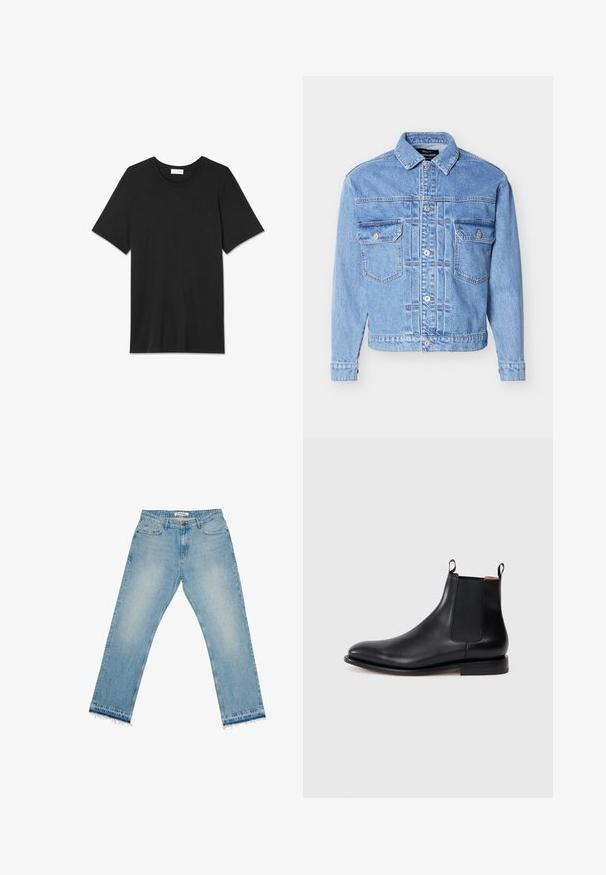 Lyseblå denimjakke med knapper foran, to brystlommer med klap, krave og lange ærmer, lagt fladt på en hvid baggrund.; Sort bomulds T-shirt med korte ærmer, rund halsudskæring og en glat tekstur. Ingen mønstre eller pynt. Enkel og klassisk design.; Lyseblå denimjeans med lige snit, frynset kant og fem-lommer design. Har knaplukning og bæltestropper i taljen.; Sort læder Chelsea støvle med elastiske sidepaneler, trækstropper og en lav hæl på en hvid baggrund.
