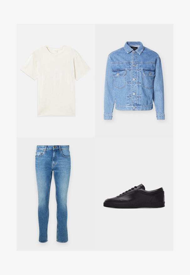 Lichtblauwe spijkerjasje met knopen aan de voorkant, twee borstzakken met klep, kraag en lange mouwen, plat neergelegd op een witte achtergrond.; Korte mouwen, ronde hals t-shirt in licht beige, zachte katoenen textuur met een relaxte pasvorm en zonder zichtbare patronen of accenten.; Lichtblauwe denim jeans met een slim fit. Heeft een traditionele vijf-pocketontwerp en subtiele vervaging bij de knieën. Klassieke knoopsluiting.; Zwarte lage leren sneaker met vetersluiting aan de voorkant en een platte rubberen zool, gezien van de zijkant tegen een effen witte achtergrond.