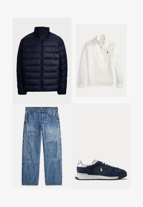 Polo Ralph Lauren THE COLDEN PACKABLE DOWN JACKET - Daunenjacke - collection navy; Weißer Pullover mit Viertelreißverschluss, langen Ärmeln, hohem Kragen und kleinem schwarzen Polo Ralph Lauren-Logo, das auf der linken Brust gestickt ist.; Verblasste blaue Jeans aus Denim mit weiter Passform, die mehrere Patchwork-Bereiche und Farbkleckse über den gesamten Stoff aufweisen. Mit Fronttaschen ausgestattet.; Herren Polo Sneaker in Marineblau und Weiß mit Velours- und Mesh-Einsätzen, weißen Schnürsenkeln und Polo-Logo an der Seite und Ferse.
