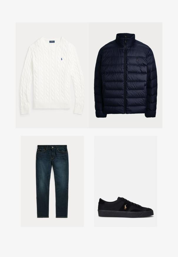 Polo Ralph Lauren THE COLDEN PACKABLE DOWN JACKET - Dunjakker - collection navy; Hvid kabelstrikket crewneck sweater med lange ærmer og lille blå Polo Ralph Lauren-logo på venstre bryst.; Mørkeblå slim-fit jeans med let falmning og fem-lomme-design, lagt fladt på hvid baggrund.; Sorte sneakers med overdel i stof og ruskind, rund tå, flad gummisål og broderet logo på siden. Snørebåndsdesign med seks snørehuller.