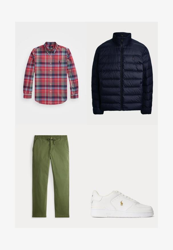 Polo Ralph Lauren THE COLDEN PACKABLE DOWN JACKET - Daunenjacke - collection navy; Langärmliges kariertes Hemd in Rot, Blau und Grün mit Button-Down-Kragen, Brusttasche und Logo-Stickerei auf der linken Seite.; Herren Olivgrüne Casual-Hosen mit elastischem Bund, Kordelzug, Knopfverschluss und Seitentaschen, flach auf einem weißen Hintergrund präsentiert.; Weißer Leder-Sneaker mit niedrigem Schnitt, weißen Schnürsenkeln und einem goldfarbenen Polo Ralph Lauren-Logo an der Seite sowie "Polo" auf der Sohle geprägt.