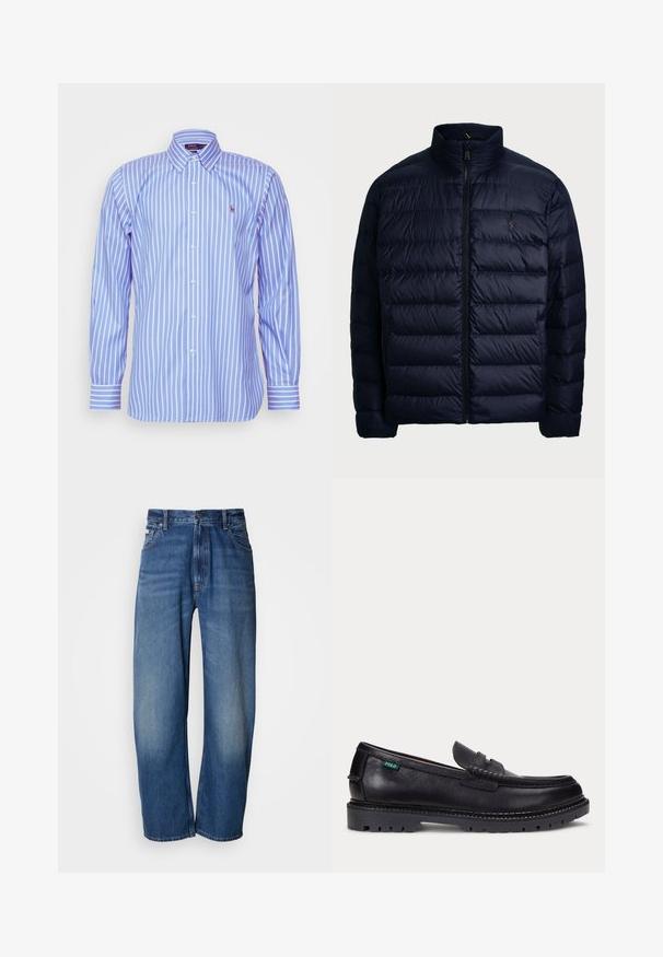 Polo Ralph Lauren THE COLDEN PACKABLE DOWN JACKET - Μπουφάν με πούπουλα - collection navy; Polo Ralph Lauren CUSTOM FIT STRIPED PINPOINT OXFORD SHIRT - Πουκάμισο - blue/white; Τζιν με φαρδιά μπατζάκια σε μεσαίο μπλε χρώμα. Διαθέτει φερμουάρ, πέντε τσέπες και ελαφριά ξεθώριασμα για vintage όψη. Κλασικές ραφές λεπτομέρειας.; Μαύρο δερμάτινο μοκασίνι με παχύ, τραχωτό πέλμα και μικρό πράσινο ετικέτα "Polo" στο εξωτερικό μέρος κοντά στη φτέρνα.
