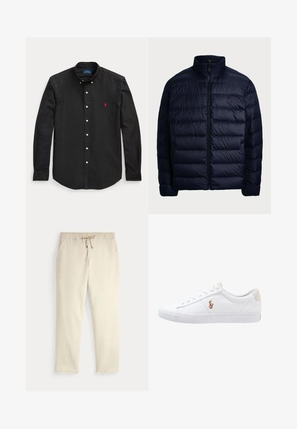 Polo Ralph Lauren THE COLDEN PACKABLE DOWN JACKET - Dunjakker - collection navy; Sort langærmet skjorte med knapper, med rødt broderet logo på venstre bryst og en knappet krave.; Off-white afslappede bukser med elastisk talje og snor, lige ben og sidelommer mod en ensfarvet baggrund.; Hvide kanvas sneakers med lågtop design, prydet med en beige hælkappe og et lille broderet logo på siden. Gummisål.