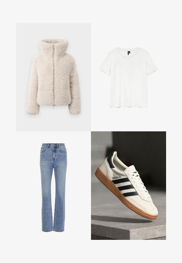 Crème-kleurige faux fur jas met hoge kraag, ritsluiting en een gestructureerde, fluweelachtige oppervlakte. Heeft lange mouwen en een cropped silhouet.; Witte t-shirt met korte mouwen en een ronde hals, gemaakt van lichte stof. Eenvoudig ontwerp, gladde textuur en rechte zoom.; Lichtblauwe denim jeans met een hoge taille, recht gesneden ontwerp, vijf zakken, zichtbare stiksels en een lichte vervaagde textuur.; Witte suède sneakers met marineblauwe strepen, rubberen gumzool, gestructureerde bovenkant, ronde neus en veters; heeft branding aan de zijkant en op de tong.