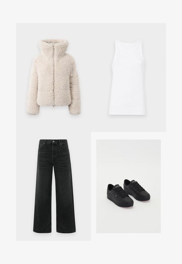 Chaqueta de pelaje sintético color crema con un cuello alto, cierre de cremallera y una superficie texturizada y esponjosa. Presenta mangas largas y un corte corto.; Top sin mangas de algodón blanco con un escote redondo y tirantes anchos. La tela es suave y ajustada, sin patrones ni adornos visibles.; Vaqueros negros de denim de pierna ancha con cintura alta, bolsillos delanteros y un cierre clásico de botón. La tela tiene un acabado liso y ligeramente texturizado.; Zapatillas bajas negras de material suave, con cordones gruesos, una suela texturizada y un pequeño logo en el lateral y la lengüeta.