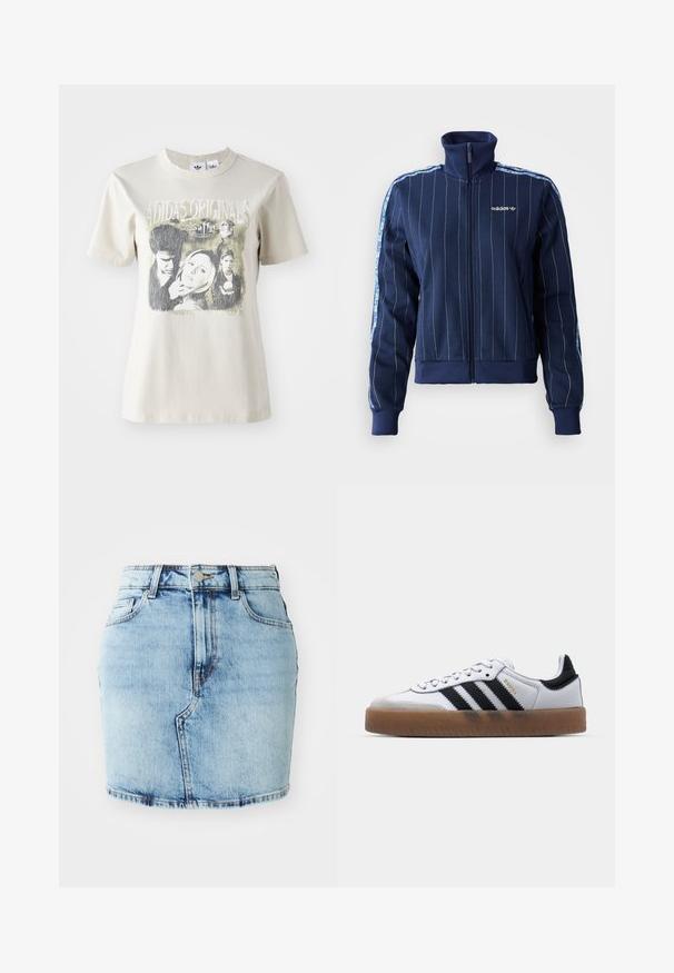Marine blauwe zip-up jack met verticale streepjes, hoge kraag, geribbelde manchetten en gebrandmerkte logo. Heeft bloemmotieven als accenten op de mouwen.; Beige katoenen t-shirt met een ronde hals. Voorzien van een grafische print met personages en tekst uit "Buffy", in zwart en grijstinten.; Lichtblauwe denimrok met een aansluitende pasvorm, vijf zakken, een knoop- en ritssluiting en gestikte details langs de zoom.; Witte leren sneakers met zwarte strepen, gumrubberen buitenzool, ronde neus, vetersluiting en een zachte grijze suède neuskap.