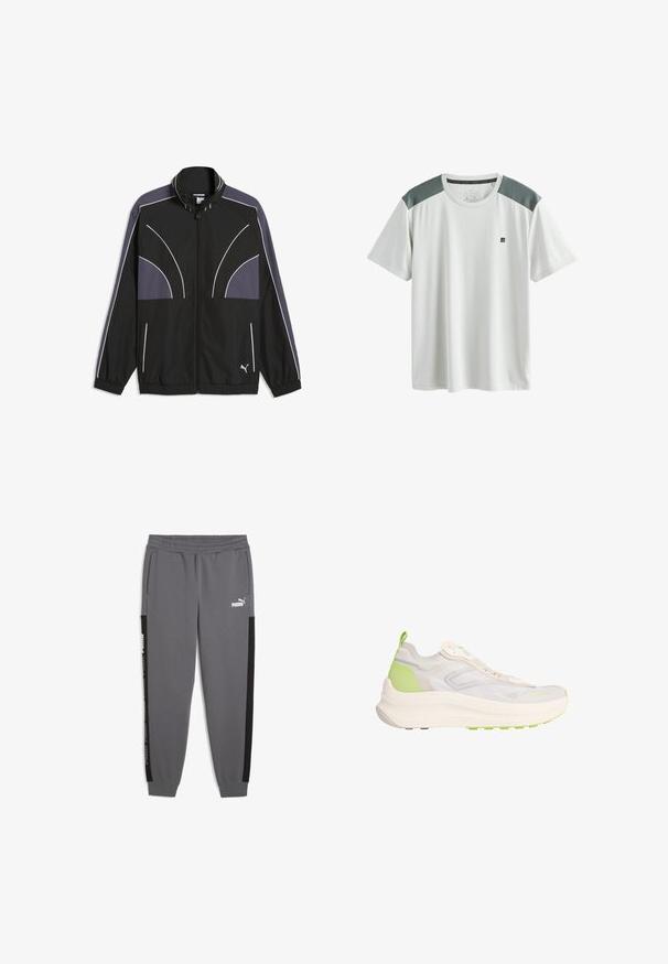 Veste de survêtement Puma noire avec panneaux gris, passepoil blanc, fermeture zippée intégrale, poignets et ourlet élastiques, et logo Puma en bas devant.; T-shirt de sport blanc à manches courtes avec des panneaux en mesh gris sur les épaules et un petit logo noir sur le côté gauche de la poitrine.; Pantalons de survêtement gris en tissu doux, avec des bandes latérales noires, une taille élastique et le logo Puma en blanc à l'avant.; Baskets athlétiques beige clair et vert avec une semelle épaisse, une tige en mesh, une languette au talon et un marquage subtil sur la zone des orteils.