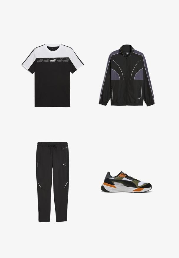 Zwarte Puma trainingsjas met grijze panelen, witte biezen, volledige ritssluiting, elastische boorden en zoom, en Puma-logo aan de onderkant voorkant.; Zwart-wit korte mouwen t-shirt van katoen, met een gedurfde grafische PUMA-logo in het midden en een gestructureerd ontwerp over de borst.; Zwarte Puma sportbroek met elastische tailleband, trekkoord, ritszakken aan de zijkant en wit Puma-logo op het rechterbeen.; Lage atletische sneaker met wit mesh, zwarte, olijfgroene en oranje overlays, zwarte veters en een witte zool met oranje accenten.