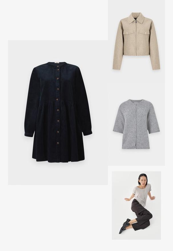 Veste courte beige en tissu mélangé laine, dotée d'un col pointu, d'une fermeture éclair à l'avant et de deux poches poitrine avec boutons-pression.; Cardigan gris tricoté à manches courtes, encolure ronde et fermeture à boutons. Présente un tissu texturé et une coupe décontractée.; Robe en côtele bleu marine avec des manches longues, un col rond et un devant à boutons. Présente une taille froncée et un tissu texturé.; Haut gris clair à manches courtes, pantalons larges foncés, et mocassins noirs. Tissu lisse, coupe décontractée, et bordure contrastante sur la chemise.