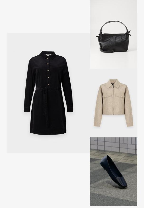 Beige cropped jack gemaakt van een wolmix, met een puntkraag, ritssluiting aan de voorkant en twee borstzakken met drukknoopsluiting.; Zwarte corduroy jurk met een knoopsluiting aan de voorkant, lange mouwen en een strikband in de taille. Heeft een klassieke kraag en zijzakken.; Zwarte leren platte schoen staat rechtop op een asfaltoppervlak nabij de rand van een betegeld trottoir.; Zwarte leren handtas met een gestructureerd ontwerp, een ronde bovenhandgreep en een afneembare schouderriem. Beschikt over een gladde textuur en een subtiele glans.