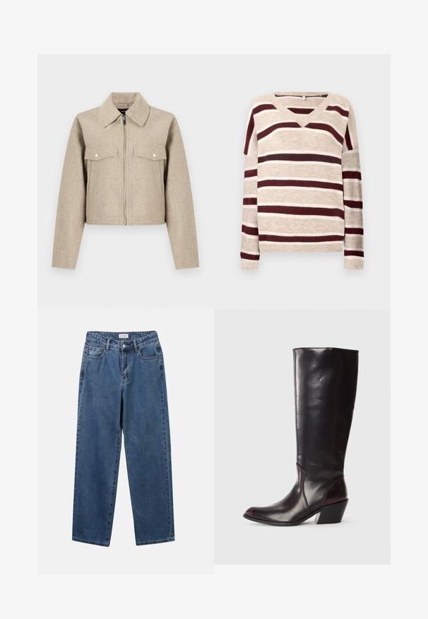 Beige Cropped-Jacke aus Wollmischgewebe mit spitzem Kragen, durchgehendem Reißverschluss und zwei Brusttaschen mit Druckknöpfen.; Beiger V-Ausschnitt-Pullover mit dunkelroten und cremefarbenen Streifen. Hat lange Ärmel und einen gerippten Saum. Weicher Stoff und lockere Passform.; Klassische blaue Denim-Jeans mit geradem Bein, fünf Taschen und Knopfverschluss. Sie verfügen über eine mittelblau gewaschene Optik und sind aus robuster Textur.; Knöchelhigh, dunkelbraune Lederstiefel mit spitzem Zeh, eckigem Blockabsatz und glatter, glänzender Textur. Verfügt über ein klares Design und Steppnähte.
