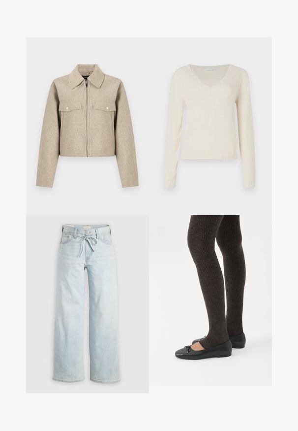 Beige cropped jack gemaakt van een wolmix, met een puntkraag, ritssluiting aan de voorkant en twee borstzakken met drukknoopsluiting.; Crème-kleurige V-hals lange mouwen sweater met geribbelde manchetten en zoom, weergegeven tegen een effen witte achtergrond.; Lichtblauwe wijde jeans met een striksluiting, klassiek vijf-pocket ontwerp en subtiele vervaging op de benen. Denim materiaal.; Benen met donkere geribbelde leggings gecombineerd met zwarte ballerina's met kleine strikdetails op een witte achtergrond.