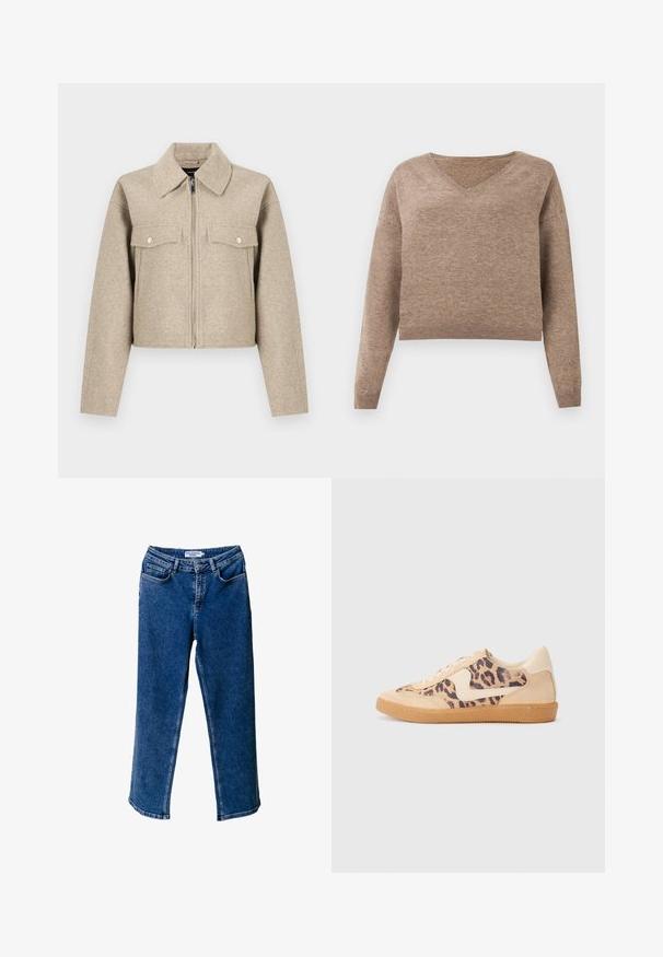Beige Cropped-Jacke aus Wollmischgewebe mit spitzem Kragen, durchgehendem Reißverschluss und zwei Brusttaschen mit Druckknöpfen.; Hellbrauner Strickpullover mit V-Ausschnitt, langen Ärmeln und geripptem Saum. Weiche Textur mit leicht verkürztem Design und ohne sichtbare Muster.; Blaue Denim-Jeans mit weitem Bein und hoher Taille, ausgestattet mit frontalen Taschen, kontrastierenden Nähten und einer lässigen Passform.; Löwenmuster-Sneaker mit beige Wildleder-Obermaterial, tanfarbener Gummisohle und weißen Akzenten. Runde Zehenform und Schnürdesign mit strukturiertem Finish.