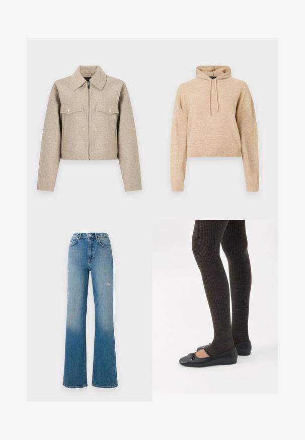 Chaqueta corta beige hecha de tela mezcla de lana, con cuello puntiagudo, cierre frontal con cremallera y dos bolsillos en el pecho con botones de presión.; Sudadera de punto recortada en color beige, con mangas largas y capucha con cordón, presentada sobre un fondo blanco.; Jeans de mezclilla azul de talle alto con leve desgastes en los muslos, estilo de cinco bolsillos y diseño de pierna acampanada.; Piernas con leggings oscuros acanalados combinados con bailarinas negras que presentan pequeños detalles de lazo sobre un fondo blanco.
