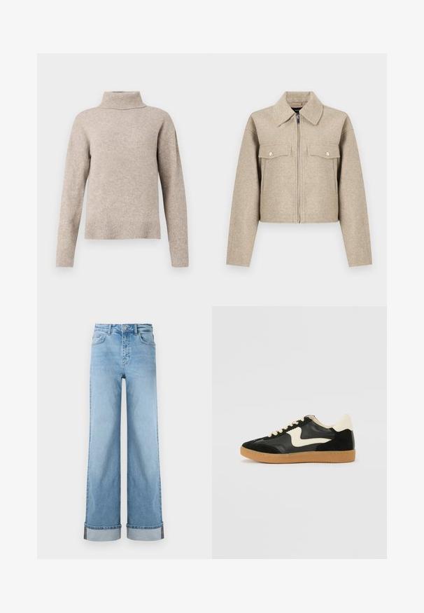 Beige kort jakke lavet af uldblandet stof, med spids krave, lynlås foran og to brystlommer med trykknapper.; Beige rullekrave sweater lavet af blødt strikstof, med ribbet krave og manchetter, afslappet pasform og glat tekstur.; Lyseblå, vide jeans i klassisk denim med høj talje, prydet med opbrettede kanter og synlig søm.; Sorte ruskinds- og lædersneakers med en cremefarvet side-swoosh og lys cremefarvet hæl. Har beige snørebånd og en gummirubber-sål.