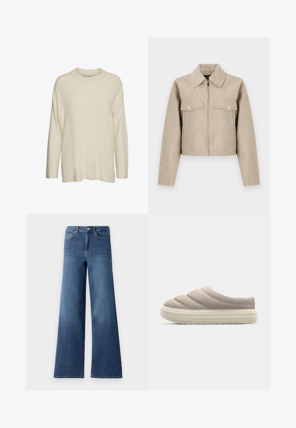 Veste courte beige en tissu mélangé laine, dotée d'un col pointu, d'une fermeture éclair à l'avant et de deux poches poitrine avec boutons-pression.; Pull en maille couleur crème avec un col haut, des manches longues et une coupe décontractée et ample. Le tissu semble texturé et doux.; Jeans en denim bleu à jambes larges avec une taille standard, des poches avant et une texture lisse. Pas de motifs ou d'ornements visibles.; Chaussure beige à enfiler avec un dessus matelassé et une surface texturée. Elle dispose d'une semelle en caoutchouc blanche épaisse et d'une marque minimale à l'avant.