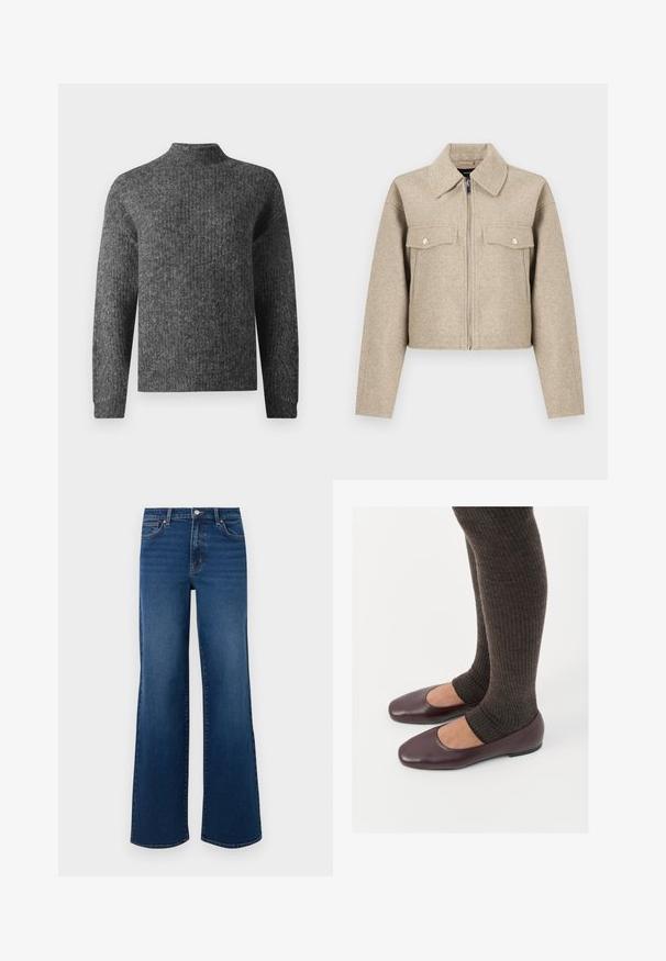 Beige kort jakke lavet af uldblandet stof, med spids krave, lynlås foran og to brystlommer med trykknapper.; Mørkegrå strikket sweater med lange ærmer og en kort mock neck, vist fra forsiden på en hvid baggrund.; Vidde ben denim jeans i mørkeblå med en tekstureret overflade, der har en knaplukning, fem lomme-design og lige kant.; Burgunderrøde patenterede læder flade sko med firkantet tådesign, parret med mørkebrune ribbede strømpers der når til midten af læggen.