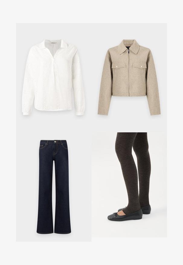Veste courte beige en tissu mélangé laine, dotée d'un col pointu, d'une fermeture éclair à l'avant et de deux poches poitrine avec boutons-pression.; Blouse en coton blanc avec des manches longues, un col en V et des motifs de broderie ajourée complexes. Design à coupe classique.; Jean en denim bleu foncé à jambes larges avec poches avant, fermeture par bouton et fermeture éclair, et coutures contrastantes visibles.; Jambes portant des leggings côtelés foncés associés à des ballerines noires avec de petits détails en nœud sur fond blanc.
