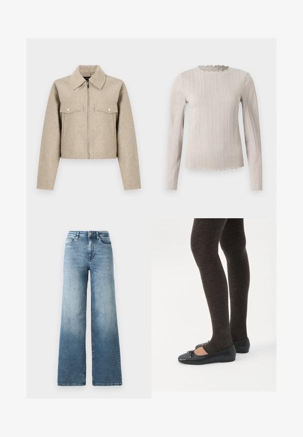 Beige kort jakke lavet af uldblandet stof, med spids krave, lynlås foran og to brystlommer med trykknapper.; Langærmet top i lys beige med ribbet tekstur. Har en scalloped halsudskæring og en subtil glimmer gennem stoffet.; Vide ben jeans i lys blå vask, med høj talje, fem-lomme design og subtil falmen på stoffet. Klassisk metalknap lukning.; Ben iført mørke ribbede leggings kombineret med sorte balletsko med små sløjfedetaljer på hvid baggrund.