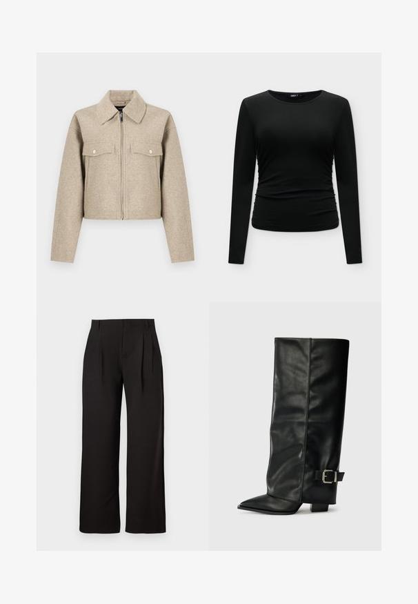 Beige cropped jack gemaakt van een wolmix, met een puntkraag, ritssluiting aan de voorkant en twee borstzakken met drukknoopsluiting.; Zwarte aansluitende top met lange mouwen, lichte plooien aan de zijkanten en een ronde hals, weergegeven op een effen witte achtergrond.; Zwarte, rechte broek met een hoge taille, voorplooien en lussen voor een riem, getoond tegen een effen witte achtergrond.; Zwarte leren enkellange laarzen met een spitse neus, een gladde textuur en een zilveren gesps Accent aan de zijkant. Stevige vierkante hak.