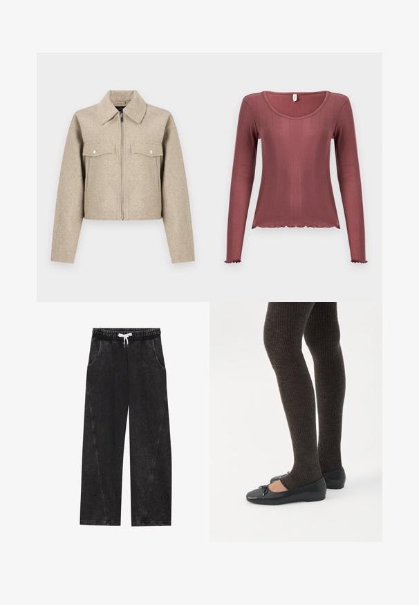 Veste courte beige en tissu mélangé laine, dotée d'un col pointu, d'une fermeture éclair à l'avant et de deux poches poitrine avec boutons-pression.; Haut à manches longues couleur rose poudré, texture côtelée, encolure dégagée, ourlets et poignets festonnés, confectionné en matière tricotée douce.; Pantalons noirs à jambes larges en tissu texturé. Comprend une taille élastique avec un cordon blanc et des poches avant avec des coutures diagonales.; Jambes portant des leggings côtelés foncés associés à des ballerines noires avec de petits détails en nœud sur fond blanc.