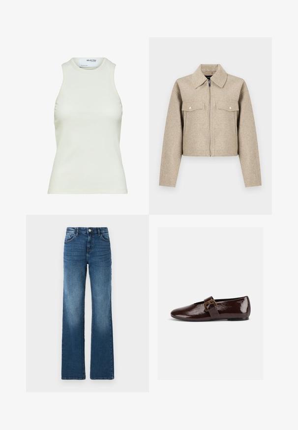 Beige Cropped-Jacke aus Wollmischgewebe mit spitzem Kragen, durchgehendem Reißverschluss und zwei Brusttaschen mit Druckknöpfen.; Ärmelloses weißes geripptes Tanktop mit rundem Ausschnitt von Selected Femme, zeigt Vorderansicht ohne Muster oder Dekorationen.; Blaue Jeans aus Denim mit geradem Bein, fünf Taschen, leichter Ausbleichung, Knopfverschluss und kontrastierenden Nähdetails.; Dunkelbrauner Lacklederschuh mit großer goldener Schnalle und abgerundeter Spitze, seitlich vor weißem Hintergrund dargestellt.