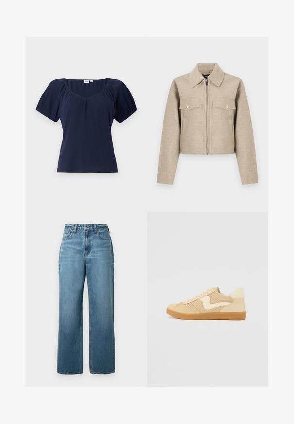 Veste courte beige en tissu mélangé laine, dotée d'un col pointu, d'une fermeture éclair à l'avant et de deux poches poitrine avec boutons-pression.; Haut à manches courtes bleu marine avec un décolleté arrondi, une texture côtelée et des coutures d'épaule froncées pour plus de forme et de volume.; Jean droit bleu clair en denim, avec une taille standard, cinq poches et une légère décoloration. Pas de motifs ou d'accents distincts.; Sneaker beige avec des matériaux en daim et en maille, forme arrondie, col rembourré proéminent et semelle en caoutchouc gomme. Présente un accent de design en forme de vague.