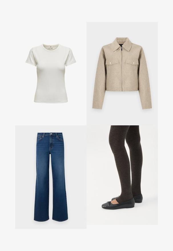 Veste courte beige en tissu mélangé laine, dotée d'un col pointu, d'une fermeture éclair à l'avant et de deux poches poitrine avec boutons-pression.; T-shirt blanc à manches courtes avec un col rond, en tissu côtelé. Texture lisse et coupe ajustée. Étiquette visible à l'intérieur du col.; Jean en denim à jambes larges de couleur bleu foncé avec une finition texturée, comportant une fermeture à bouton, un design à cinq poches et un ourlet droit.; Jambes portant des leggings côtelés foncés associés à des ballerines noires avec de petits détails en nœud sur fond blanc.