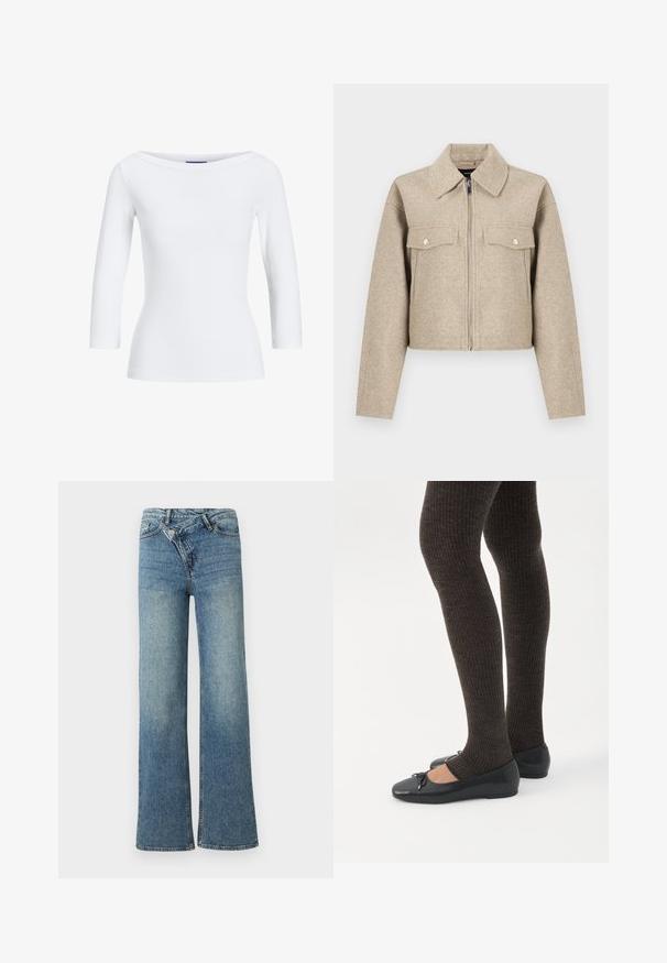 Beige Cropped-Jacke aus Wollmischgewebe mit spitzem Kragen, durchgehendem Reißverschluss und zwei Brusttaschen mit Druckknöpfen.; Weißes, geripptes Langarmoberteil mit weitem Ausschnitt. Der Stoff ist glatt, figurbetont und zeichnet sich durch einen sauberen Abschluss an den Bündchen und dem Saum aus.; Hellblaue Jeans aus Denim mit weitem Bein, hoher Taille, leichter Verblassung und Knopfverschluss vorne. Verfügt über fünf Taschen und minimale Nähte.; Beine in dunklen, gerippten Leggings kombiniert mit schwarzen Ballerinas mit kleinen Schleifendetails auf weißem Hintergrund.