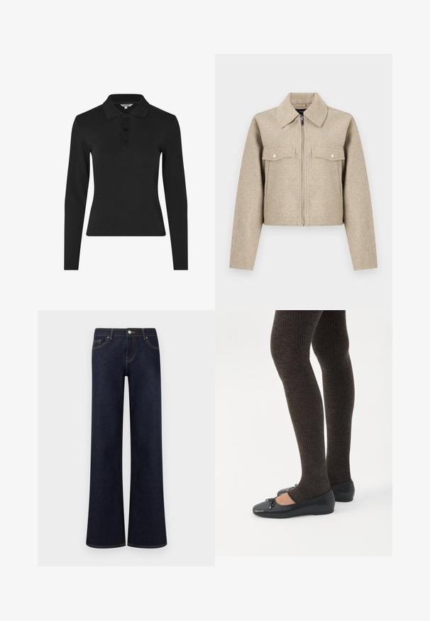 Chaqueta corta beige hecha de tela mezcla de lana, con cuello puntiagudo, cierre frontal con cremallera y dos bolsillos en el pecho con botones de presión.; Camisa polo negra de manga larga hecha de tela acanalada, con un cuello clásico y una tapeta de tres botones en la parte frontal.; Jeans vaqueros de pierna ancha en azul oscuro, con bolsillos delanteros, cierre de botón y cremallera, y costuras contrastantes visibles.; Piernas con leggings oscuros acanalados combinados con bailarinas negras que presentan pequeños detalles de lazo sobre un fondo blanco.