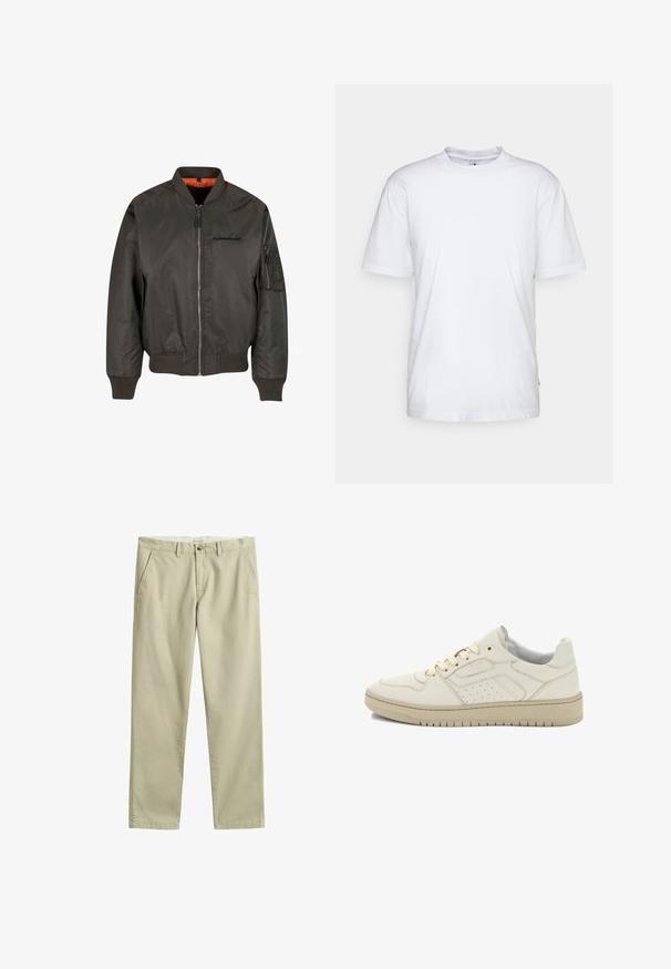 Veste bomber décontractée en vert foncé, avec des poignets et un ourlet côtelés, fermeture éclair et doublure orange, dotée d'une poche sur la manche gauche.; T-shirt en coton blanc avec un col rond, des manches courtes et un ourlet droit. Présente une petite étiquette de marque sur la couture latérale gauche.; Chino beige à jambe droite avec passants de ceinture, fermeture avant par bouton et zip, et poches latérales, posé à plat sur un fond blanc.; Baskets basses blanc cassé avec semelle beige, fermeture à lacets, panneaux latéraux perforés et détails de couture minimalistes.