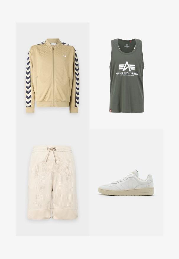 Beige Bomberjacke mit dezentem Muster, marineblauen Zickzackstreifen an den Ärmeln, Reißverschluss und seitlichen Taschen. Verfügt über ein Logo auf der Brust.; Olivgrünes Tanktop aus Baumwolle mit einem weißen Logo im dreieckigen Design und Text. Rundhalsausschnitt, ärmellos, leichtes Material.; Beige Netzshorts mit strukturierten Oberflächen, ausgestattet mit einem Kordelzugbund und dem auffällig auf der Vorderseite gestickten "NEWERA"-Logo.; Weiße Leder-Sneaker mit strukturierter Oberfläche und gepolstertem Kragen. Sie verfügen über eine beigen Gummisohle und dezente Markenkennzeichnung an der Ferse und an der Seite.