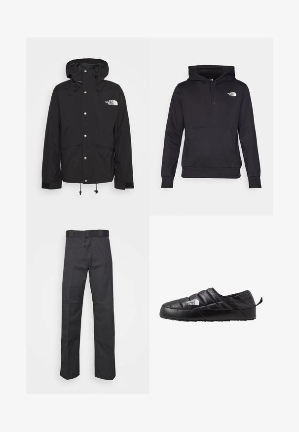 Chaqueta negra impermeable con capucha, botones de presión plateados, cordones ajustables y el logo de The North Face en el pecho. Cuenta con dos bolsillos delanteros.; Sudadera con capucha negra hecha de tela suave, con un bolsillo tipo canguro en la parte delantera, capucha con cordón y un logo blanco en el pecho.; Pantalones negros de tela duradera, con un diseño de pierna recta, una cinturilla con trabillas para cinturón y costuras para mayor textura.; Zapato negro de tipo slip-on con un diseño acolchado, hecho de material acolchado. Presenta una suela de goma texturizada y una pequeña lengüeta en la parte trasera.