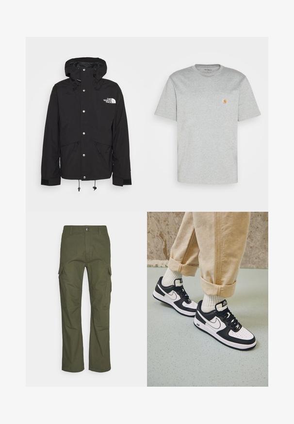 Sort vandtæt jakke med hætte, sølv trykknapper, justerbare snore og The North Face-logo på brystet. Har to frontlommer.; Grå bomulds T-shirt med korte ærmer og rund halsudskæring. Har en lomme på venstre bryst og et lille mærkelogo i orange på lommen.; Cargo bukser i mørke olivengrøn med flere sidelommer, lige snit og et slidstærkt stof med en tekstureret overflade.; Sorte og hvide Nike Air Force 1 sneakers med læderoverdel, perforeret tå og tekstureret såldetalje, båret med rullede beige bukser og hvide sokker.