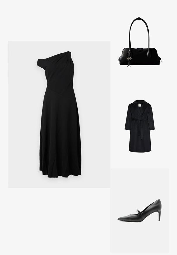 Abrigo negro hasta la rodilla con solapas anchas, mangas largas y un cinturón a juego atado en la cintura, mostrado sobre un fondo blanco.; Vestido negro de un solo hombro hecho de tela ligera. Presenta un corsé ajustado y una falda acampanada con suaves pliegues. Diseño sencillo, sin adornos.; Zapato de tacón alto de cuero negro con punta puntiaguda, con tira fina y hebilla sobre el empeine, sobre fondo claro y neutro.; Bolso de mano negro de cuero Calvin Klein con asas largas, una etiqueta con el logo frontal y un colgante geométrico plateado que cuelga de una de las asas.