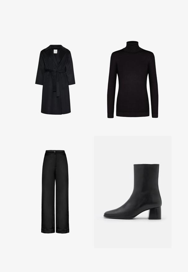 Sort knælængdefrakke med brede revers, lange ærmer og et matchende bælte bundet i taljen, vist på en hvid baggrund.; Sort turtleneck sweater, lange ærmer, lavet af blødt stof, har en tæt silhuet og ribbede manchetter og krave.; Sorte, højtaljede bukser med vidde i benene, frontlukning med knapper og opslag ved buksebenene, glat stof uden synlige lommer eller mønstre.; Sorte læder ankelstøvler med spids tå og en kraftig firkantet hæl. Glat overflade med et sømløst design og minimalistisk syning.