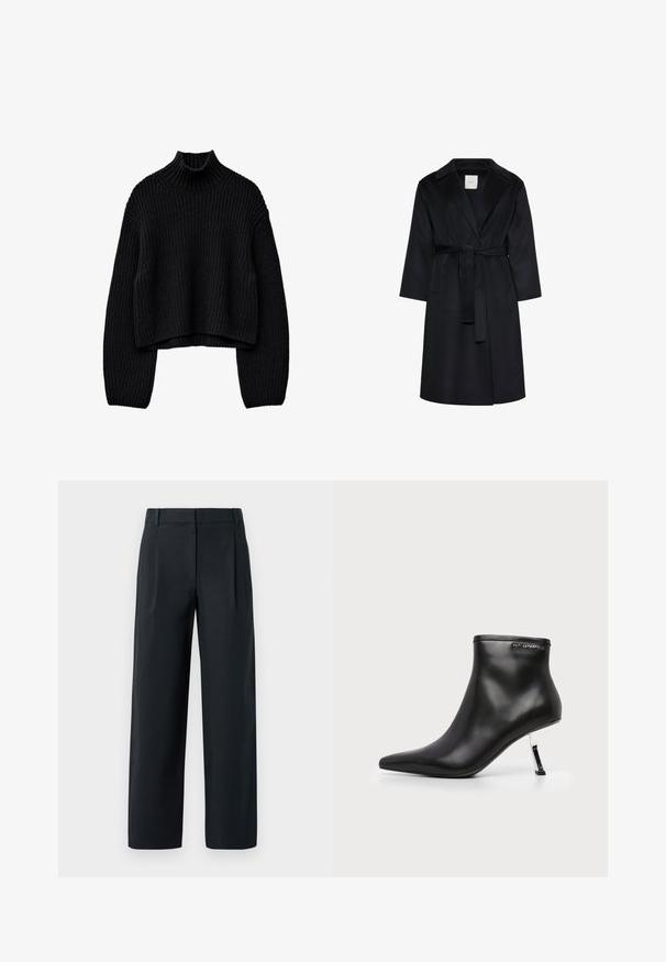 Manteau noir longueur genoux avec larges revers, manches longues et ceinture assortie nouée à la taille, présenté sur fond blanc.; Pull en laine noir avec un col montant, au design court, texture côtelée et manches larges. Présente des détails en tricot torsadé sur les côtés.; Pantalon noir ajusté avec une coupe droite, présentant des plis avant, une texture lisse et des passants de ceinture. Pas de poches visibles.; Bottine en cuir noir avec un bout pointu et un talon aiguille argenté brillant sur fond blanc.