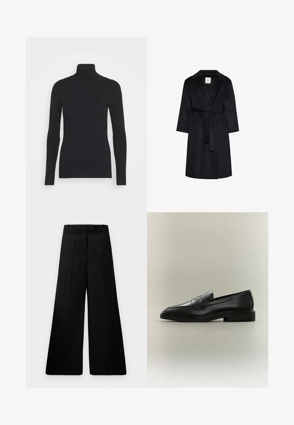 Manteau noir longueur genoux avec larges revers, manches longues et ceinture assortie nouée à la taille, présenté sur fond blanc.; Pull noir à col roulé côtelé, doté de longues manches et d'une silhouette près du corps. La texture est lisse avec un motif de côtes horizontal.; Pantalons larges noirs en tissu lisse, dotés d'une taille haute, de deux poches avant et d'un design épuré. Texture unie sans motifs.; Mocassin penny en cuir noir avec petit talon, bout arrondi et détails cousus sur fond neutre.