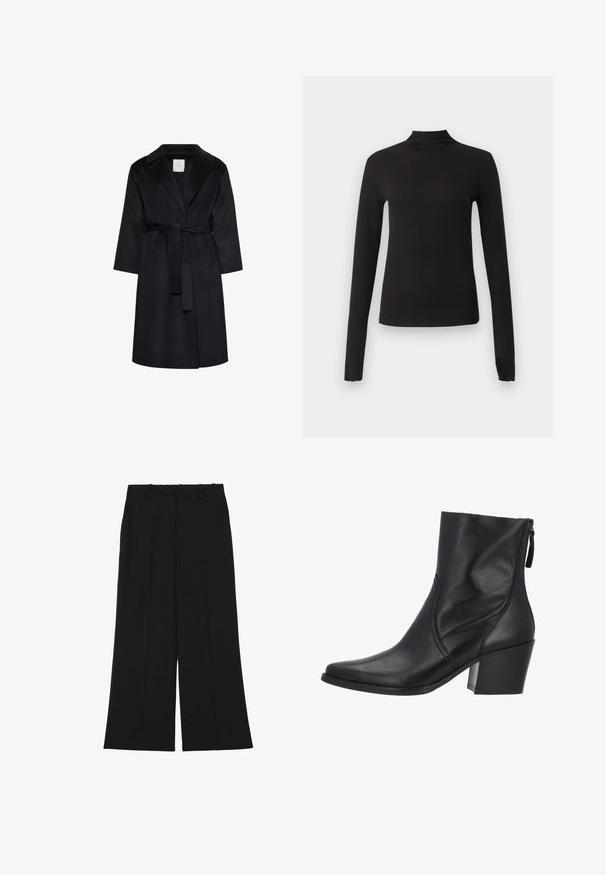 Manteau noir longueur genoux avec larges revers, manches longues et ceinture assortie nouée à la taille, présenté sur fond blanc.; Haut noir ajusté à manches longues avec col montant, présenté sur un fond gris clair uni.; Pantalon large noir en tissu lisse. Il présente une taille haute, deux plis à l'avant et des passants pour ceinture. Pas de poches visibles ni d'ornements.; Bottine noire en cuir lisse, dotée d'un bout pointu, d'une fermeture éclair latérale et d'un talon épais. Des coutures simples ajoutent des détails.