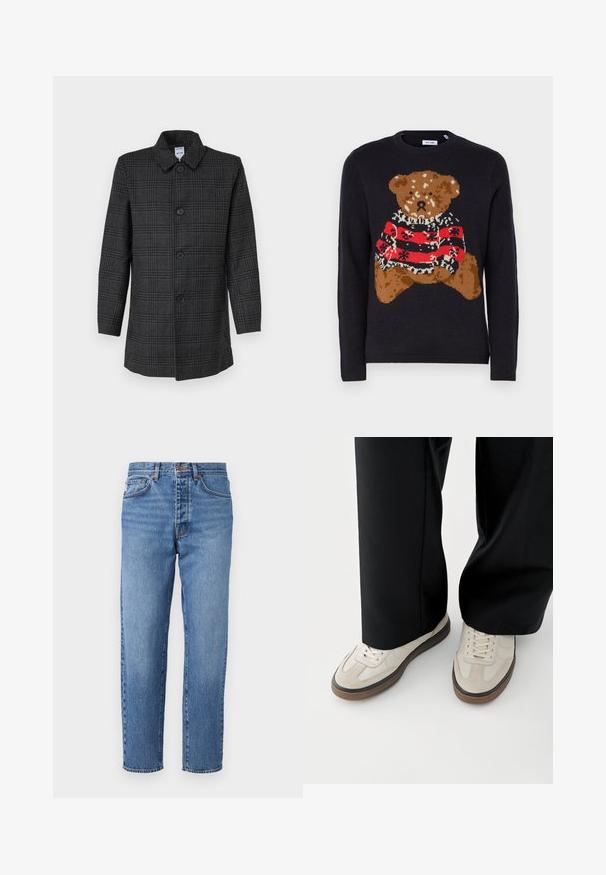 Manteau à carreaux noirs avec un col à revers et une fermeture frontale à cinq boutons. Manches longues, coupe droite et tissu doux au toucher.; Un pull en tricot noir avec un motif d'ours en peluche brun, portant un pull à rayures rouges et noires avec des accents blancs et un col rond.; Jean en denim bleu clair avec une coupe droite, cinq poches et un zip à bouton. Texture délavée avec un léger effet de frottement à l'avant.; Pieds portant des baskets beige avec des semelles marron et un pantalon noir à jambes larges sur fond blanc.