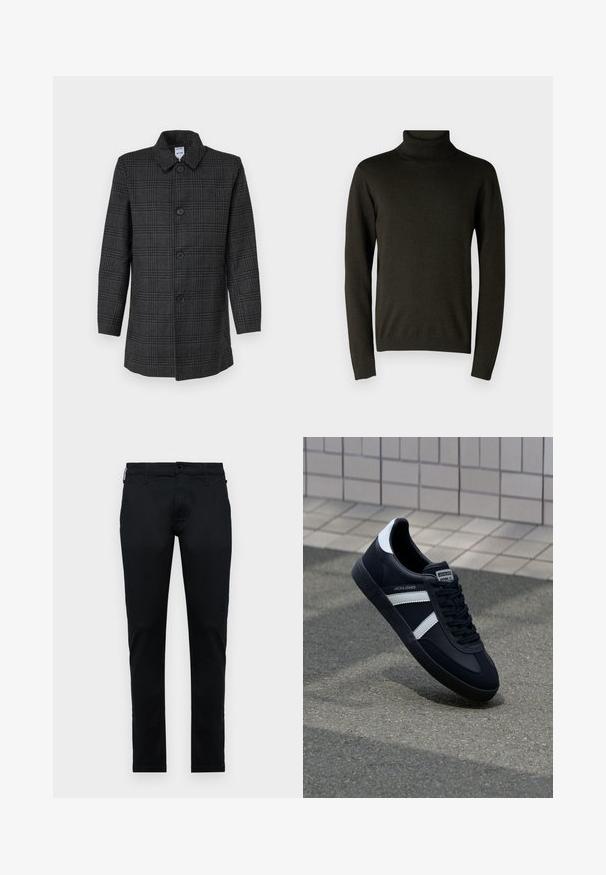 Sort ternet frakke med krave og lukkes med fem knapper foran. Lange ærmer, lige snit og blødt tekstureret stof.; Mørkegrøn turtleneck sweater lavet af blødt strikmateriale, med lange ærmer og ribbede manchetter og kant. Glat tekstur med minimal detaljering.; Sorte vævede bukser, slim-fit design, med standardlommer, foran knaplukning og kontrastsytråd. Glat tekstur, ingen mønstre.; Sort lædersneaker med hvide striber, tekstureret gummisål og snørrebånd foran. Har et brandet mærke på tungen.