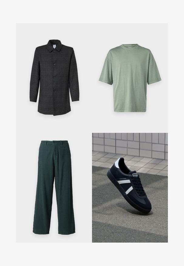 Sort ternet frakke med krave og lukkes med fem knapper foran. Lange ærmer, lige snit og blødt tekstureret stof.; Lys grønt kortærmet t-shirt med rund halsudskæring og afslappet pasform; lavet af blødt materiale med en glat tekstur.; Grønne fløjlsbukser med bred benvidde og lige snit; har en knaplukning og to sidelommer. Struktureret, ribbet stof.; Sort lædersneaker med hvide striber, tekstureret gummisål og snørrebånd foran. Har et brandet mærke på tungen.