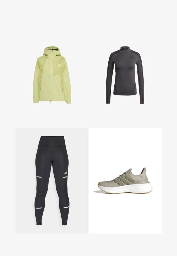 Lichtgroene capuchonjas met volledige rits aan de voorkant en Adidas-logo op de borst, ontworpen voor buiten- of sportgebruik.; Grijs topje met lange mouwen en een hoge kraag, gemaakt van gestructureerde stof en voorzien van zwarte accenten op de schouders, met een Adidas-logo op de borst.; Zwarte leggings met een hoge tailleband, gemaakt van een soepele stof. Bevat witte reflecterende strepen nabij de knieën en een Adidas-logo.; Lichtgrijze sportschoenen met een bovenwerk van mesh, drie horizontale strepen, een gepolsterde kraag en een witte gestructureerde tussenzool. Rubberen buitenzool.