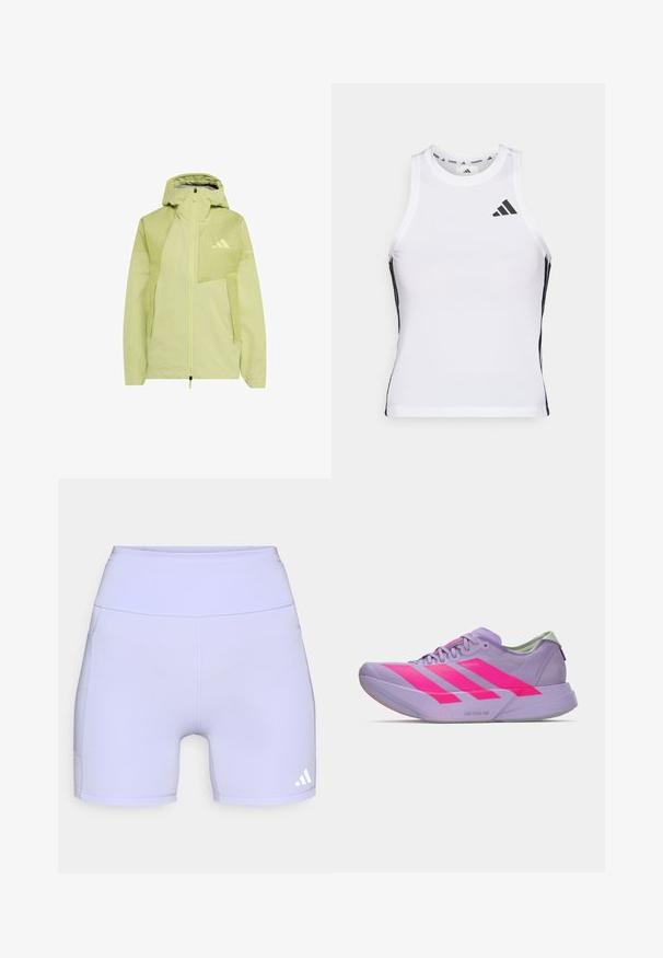 Lysegrøn hættejakke med fuld lynlås foran og Adidas-logo på brystet, designet til udendørs eller sportsbrug.; Hvid athletic tanktop med sorte sideaccentuer og logo. Har en scoop-neckline og tætsiddende design, lavet af letvægts, åndbart materiale.; Lilla sportsbukser lavet af strækbart stof, med en høj talje og sidesømme, samt en hvid logoaccent på den nederste side.; Lavendelfarvet løbesko med lav profil og tre markante lyserøde striber og "Lightstrike Pro" sål, sideudsigt på en ensartet hvid baggrund.
