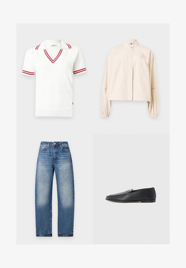 Veste courte rose clair à manches longues avec col montant, fermeture à pression devant, poignets élastiques et logo brodé sur la poitrine gauche.; Polo blanc à manches courtes en maille avec doubles rayures rouges sur le col et les poignets des manches, col en V et motif subtil en relief de texte.; Jean en denim bleu avec une coupe droite, finition délavée, bouton en laiton et design à cinq poches. Détails cousus le long des coutures et des poches.; Mocassins en cuir noir à texture lisse, bout arrondi et détails de couture subtils. Ils présentent un accent logo doré sur le côté supérieur.