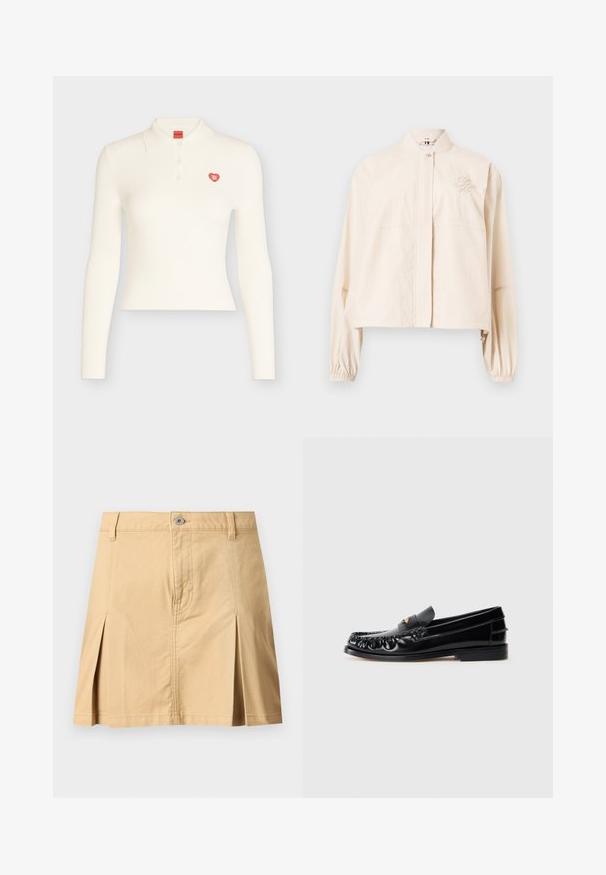 Veste courte rose clair à manches longues avec col montant, fermeture à pression devant, poignets élastiques et logo brodé sur la poitrine gauche.; Polo blanc à manches longues côtelé avec trois boutons et un petit emblème cœur rouge portant l'inscription "HUGO" sur la poitrine gauche.; Jupe beige longueur genou avec passants de ceinture, fermeture à boutons sur le devant, deux plis avant et coutures visibles sur fond uni.; Mocassins en cuir noir avec un bout arrondi, des coutures décoratives et un petit accent doré sur le dessus. Semelle en caoutchouc plate, design épuré.