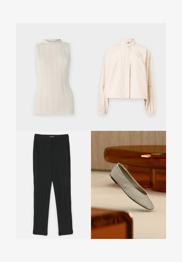 Lichtroze cropped jas met lange mouwen, opstaande kraag, frontale drukknoopsluiting, elastische manchetten en een geborduurd logo op de linkerborst.; Mouwloos topje in lichtbeige, met een ribbeltextuur en een hoge, geplooide halslijn. De getailleerde pasvorm accentueert de vorm.; Zwarte broek met een recht gesneden ontwerp, voorzien van plooien, zijzakken en een gladde textuur. Gemaakt van een lichtgewicht stof.; Beige ballerinaschoen met een geometrisch patroon zweeft boven een licht tapijt in een moderne kamer met amberkleurig meubilair.