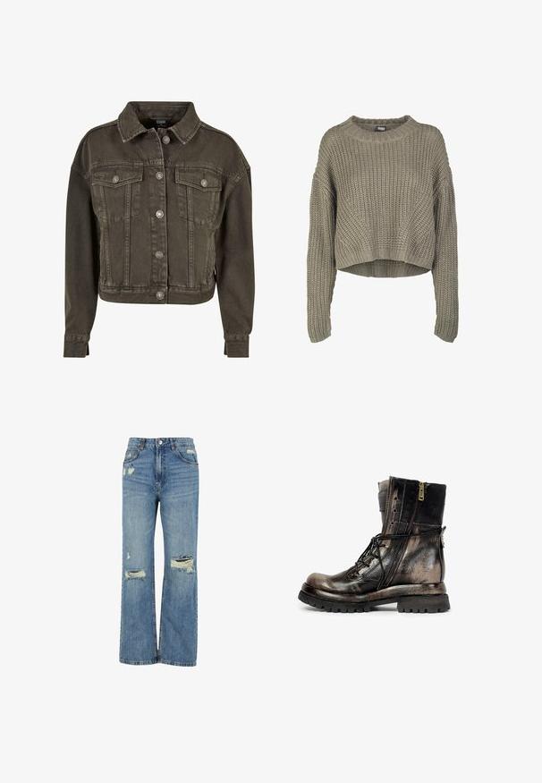Gemiddelde denim jas in donkergrijs, met twee borstzakken, zilveren hardware knopen en een klassieke kraag. Zachte, gestructureerde stof.; Olijfgroen geknipte gebreide trui met een textuurpatroon, ronde halslijn en lange mouwen. Dikke ribbels aan de zoom en manchetten.; Lichtblauwe denim jeans met een hoge taille, wijde pasvorm, verwaschte scheuren bij de knieën en een klassieke vijf-pocketontwerp.; Zwarte en bruine leren gevechtslaars met zijrits, veters, robuuste zool en een gespband aan de achterkant, gezien van de rechterkant.